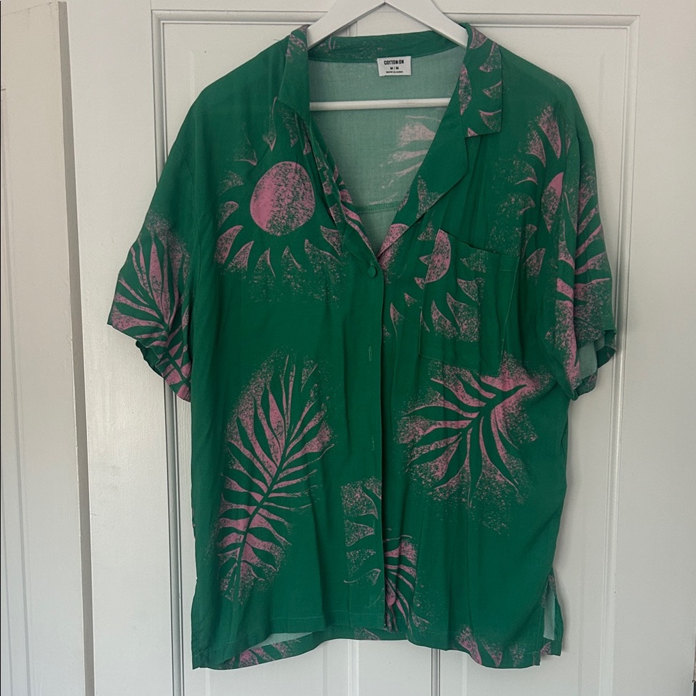 Cotton On Green Shirt with Pink Tropical Design